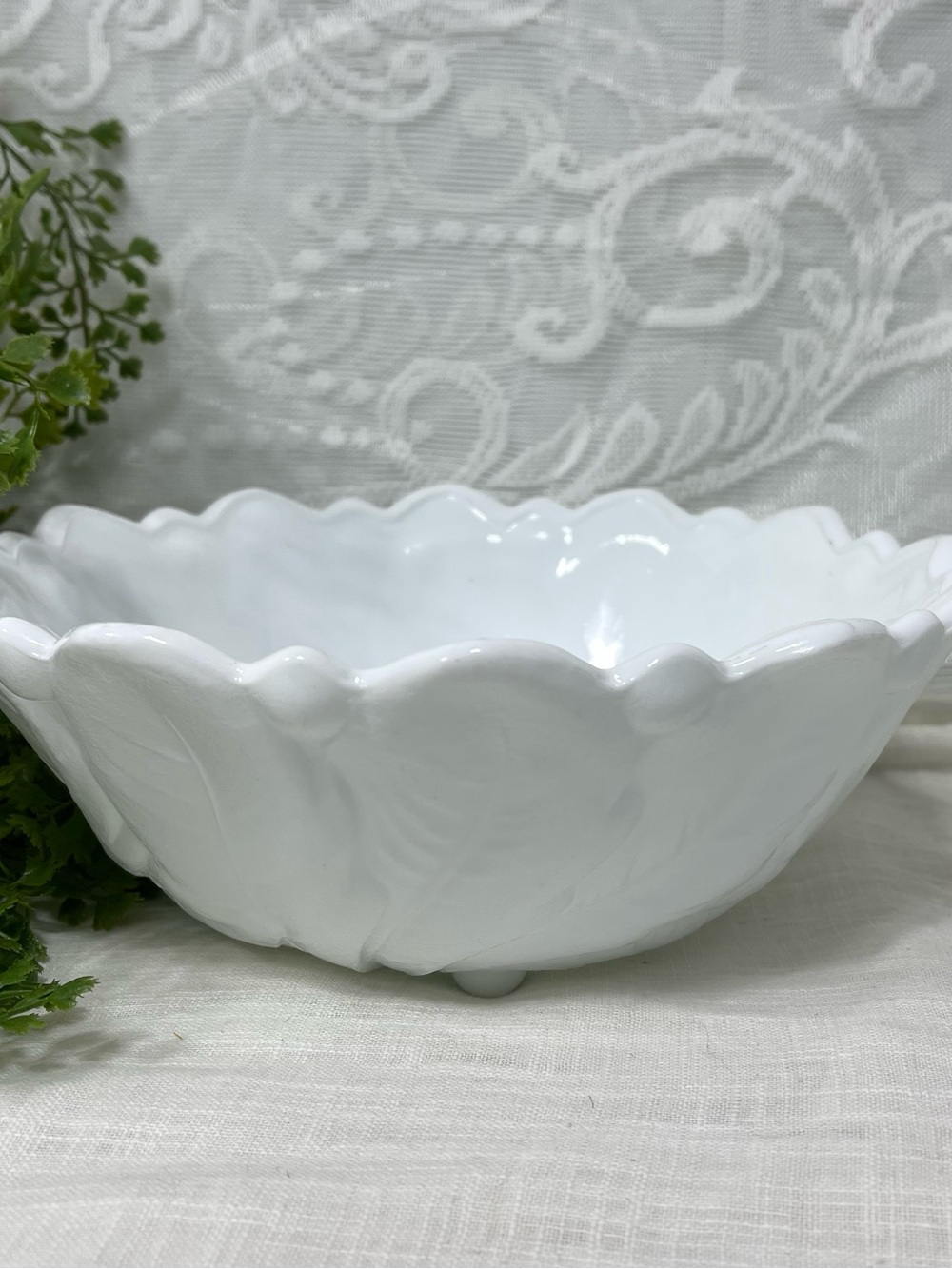 Milk Glass Bowl Cabbage Rose Embossed Dish w Feet Indiana 1960s 9 Inch Fruit